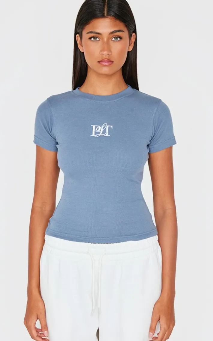 PRETTYLITTLETHING Dusty Blue Ribbed Embroidered Short Sleeve T Shirt