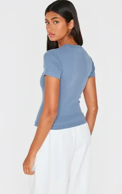 PRETTYLITTLETHING Dusty Blue Ribbed Embroidered Short Sleeve T Shirt