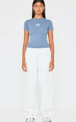 PRETTYLITTLETHING Dusty Blue Ribbed Embroidered Short Sleeve T Shirt