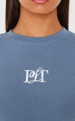 PRETTYLITTLETHING Dusty Blue Ribbed Embroidered Short Sleeve T Shirt