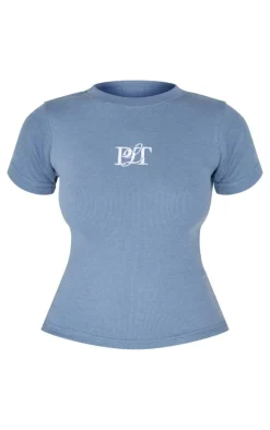 PRETTYLITTLETHING Dusty Blue Ribbed Embroidered Short Sleeve T Shirt