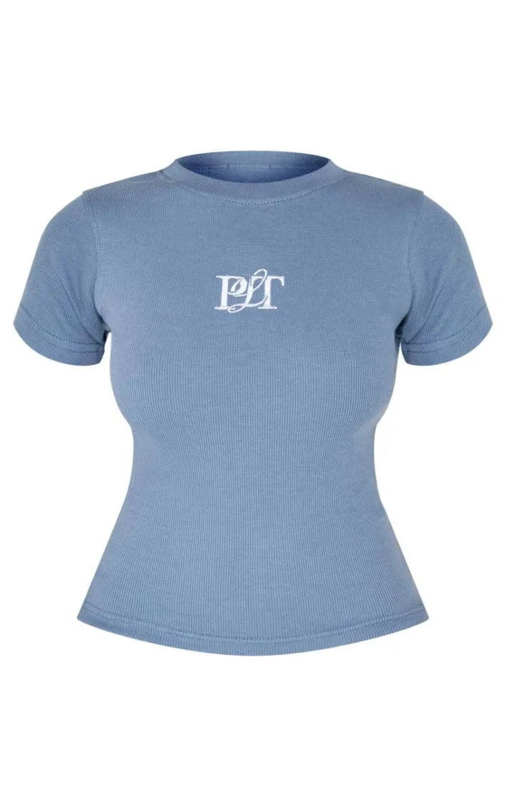 PRETTYLITTLETHING Dusty Blue Ribbed Embroidered Short Sleeve T Shirt