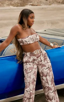 PRETTYLITTLETHING Grey Camo Metal Trim Bandeau Crop Top