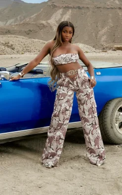 PRETTYLITTLETHING Grey Camo Metal Trim Bandeau Crop Top