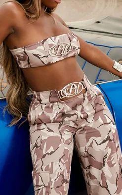 PRETTYLITTLETHING Grey Camo Metal Trim Bandeau Crop Top