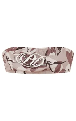 PRETTYLITTLETHING Grey Camo Metal Trim Bandeau Crop Top