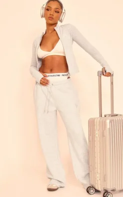 PRETTYLITTLETHING Grey Marl Embroidered Graphic Zip Up Long Top