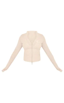 PRETTYLITTLETHING Grey Marl Embroidered Graphic Zip Up Long Top