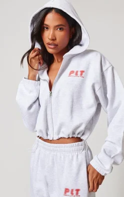 PRETTYLITTLETHING Grey Marl Elasticated Hem Zip Up Hoodie