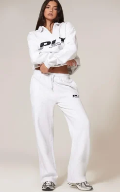 PRETTYLITTLETHING Grey Marl Athletics Club Embroidered Wide Leg Sweatpants