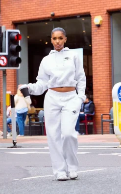 PRETTYLITTLETHING Grey Marl Embroidered Cinched Waist Cropped Hoodie