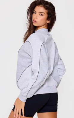 PRETTYLITTLETHING Grey Marl Embroidered Contrast Binding Sweatshirt
