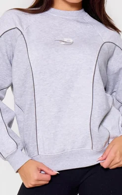 PRETTYLITTLETHING Grey Marl Embroidered Contrast Binding Sweatshirt