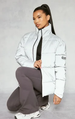 PRETTYLITTLETHING Grey Reflective Panelled Puffer Coat