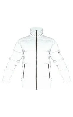 PRETTYLITTLETHING Grey Reflective Panelled Puffer Coat