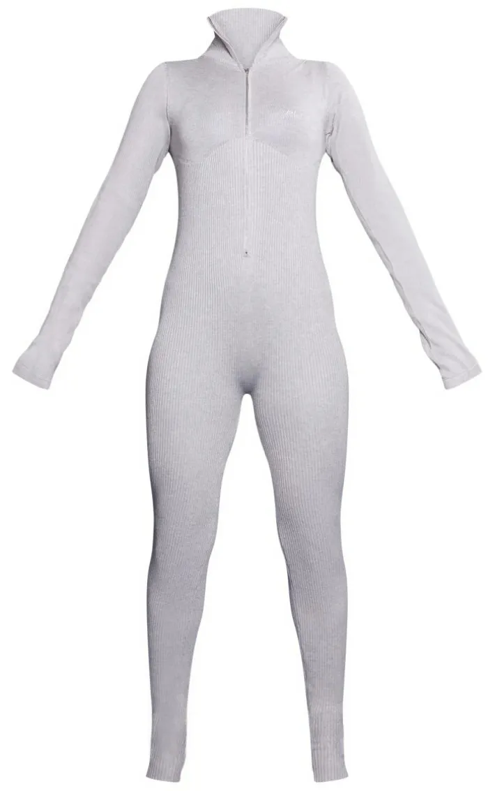 PRETTYLITTLETHING Grey Ribbed Knit Ski Base Layer Jumpsuit