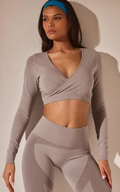 PRETTYLITTLETHING Grey Sport Seamless Cross Front Long Sleeve Crop Top