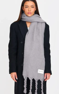 PRETTYLITTLETHING Grey Tab Fuzzy Blanket Scarf
