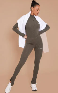 PRETTYLITTLETHING Khaki Crinkle Rib Split Hem Leggings