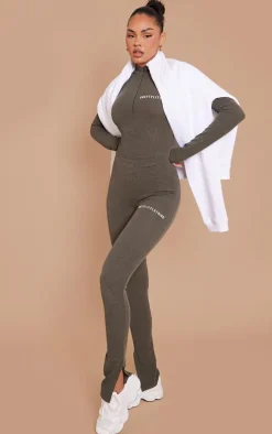 PRETTYLITTLETHING Khaki Crinkle Rib Split Hem Leggings