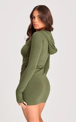 PRETTYLITTLETHING Khaki Cotton Contrast Zip Hooded Bodycon Dress