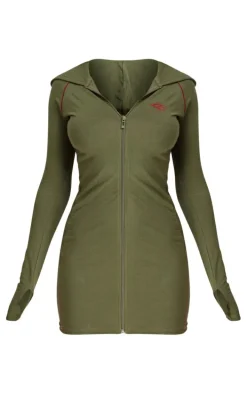 PRETTYLITTLETHING Khaki Cotton Contrast Zip Hooded Bodycon Dress