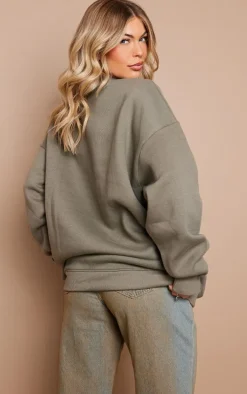 PRETTYLITTLETHING Khaki Embroidered Pocket Front Oversized Sweatshirt