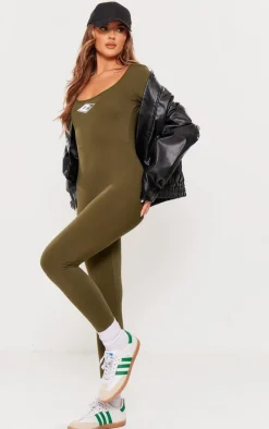 PRETTYLITTLETHING Khaki Embroidered Scoop Neck Jumpsuit