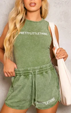 PRETTYLITTLETHING Khaki Wash High Waisted Runner Shorts