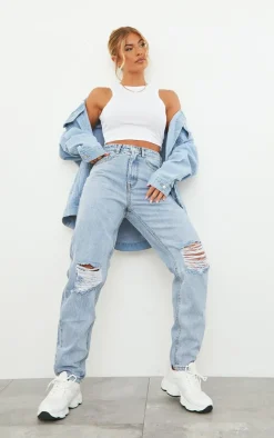 PRETTYLITTLETHING Light Blue Wash Knee Rip Mom Jeans