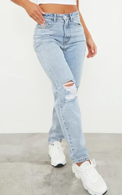 PRETTYLITTLETHING Light Blue Wash Knee Rip Mom Jeans