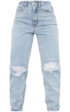 PRETTYLITTLETHING Light Blue Wash Knee Rip Mom Jeans