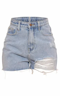 PRETTYLITTLETHING Light Blue Wash Ripped Denim Mom Shorts