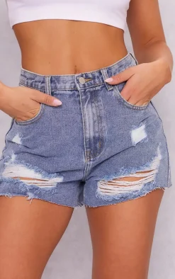 PRETTYLITTLETHING Light Blue Wash Ripped Hem Denim Shorts