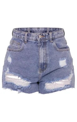 PRETTYLITTLETHING Light Blue Wash Ripped Hem Denim Shorts