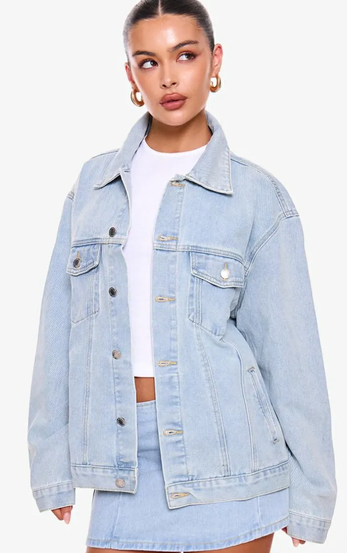 PRETTYLITTLETHING Light Blue Wash Oversized Boyfriend Denim Jacket
