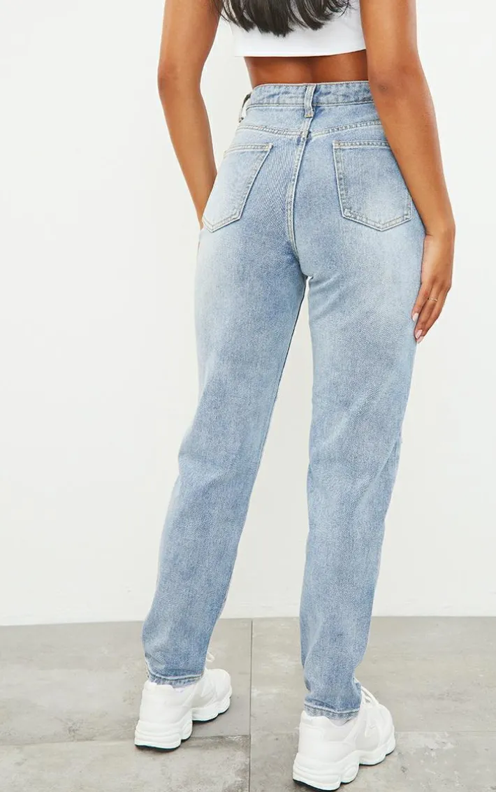 PRETTYLITTLETHING Light Blue Wash Open Knee Ripped Hem Mom Jeans