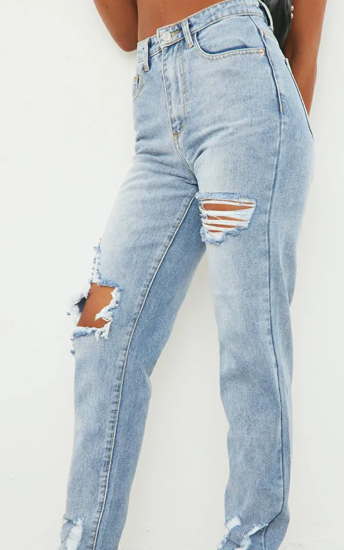 PRETTYLITTLETHING Light Blue Wash Open Knee Ripped Hem Mom Jeans