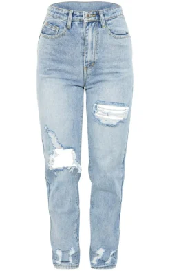PRETTYLITTLETHING Light Blue Wash Open Knee Ripped Hem Mom Jeans