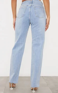 PRETTYLITTLETHING Light Blue Wash Ripped Long Leg Straight Jeans