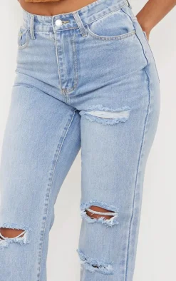 PRETTYLITTLETHING Light Blue Wash Ripped Long Leg Straight Jeans