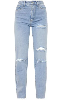 PRETTYLITTLETHING Light Blue Wash Ripped Long Leg Straight Jeans