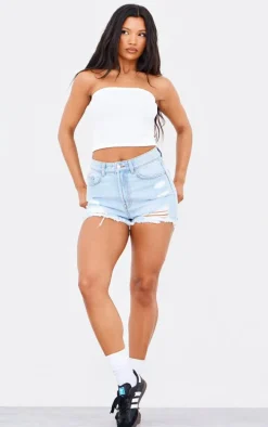 PRETTYLITTLETHING Light Blue Distressed High Rise Basic Denim Shorts