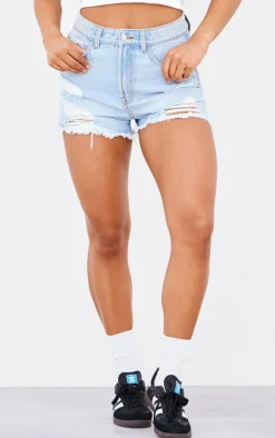 PRETTYLITTLETHING Light Blue Distressed High Rise Basic Denim Shorts