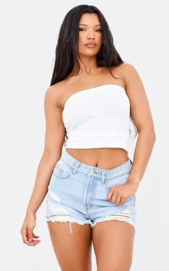 PRETTYLITTLETHING Light Blue Distressed High Rise Basic Denim Shorts
