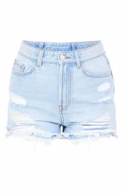 PRETTYLITTLETHING Light Blue Distressed High Rise Basic Denim Shorts