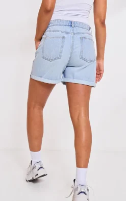 PRETTYLITTLETHING Light Blue Wash Turn Up Mom Denim Shorts