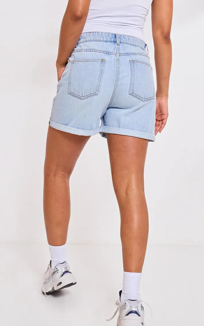 PRETTYLITTLETHING Light Blue Wash Turn Up Mom Denim Shorts