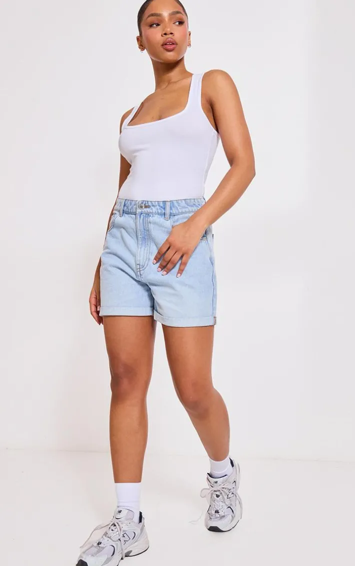 PRETTYLITTLETHING Light Blue Wash Turn Up Mom Denim Shorts