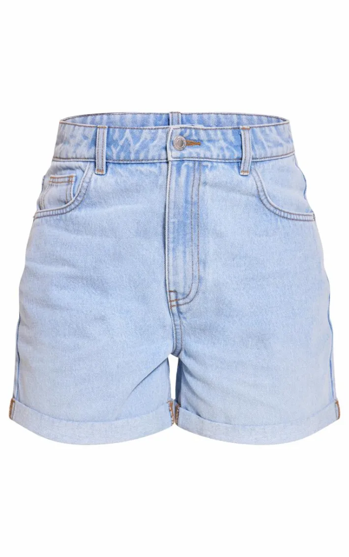 PRETTYLITTLETHING Light Blue Wash Turn Up Mom Denim Shorts